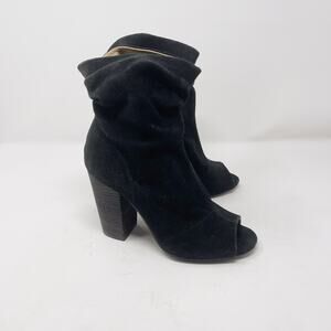 Nine West 6 Black Kaceyx5 Suede Leather Peep Toe Ruched Booties Block Heel